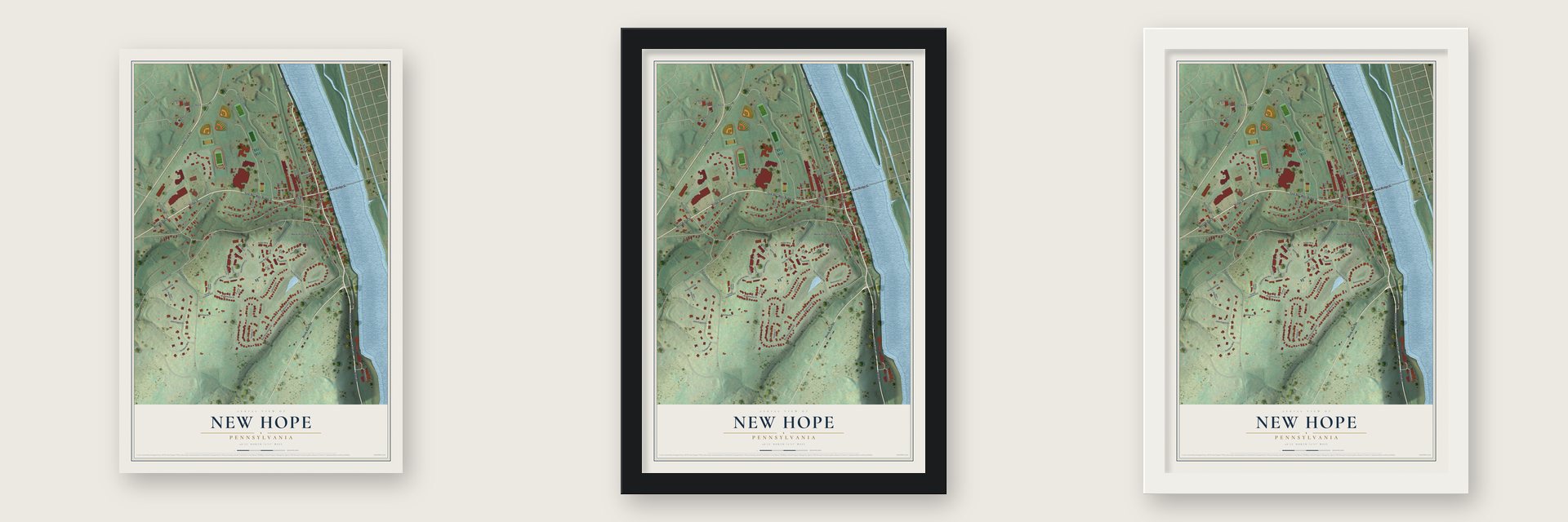 New Hope, Pennsylvania map unframed, in a black wood frame and in a white wood frame