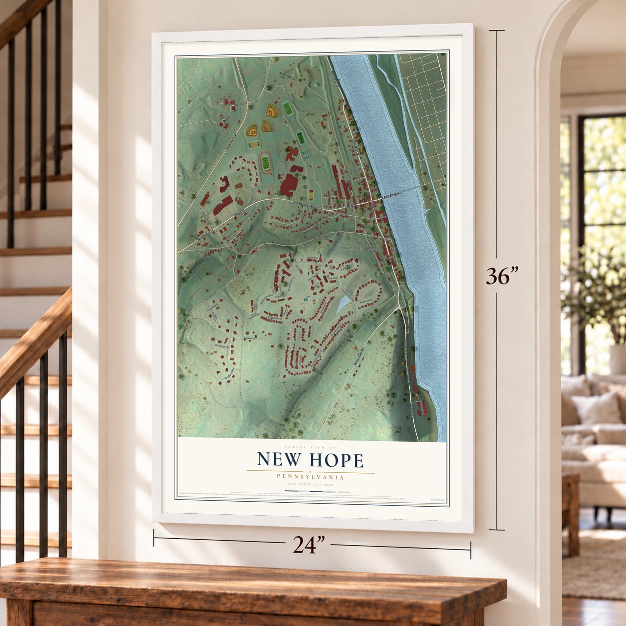 New Hope, Pennsylvania map, 24 x 36 inch print in a white frame by a staircase