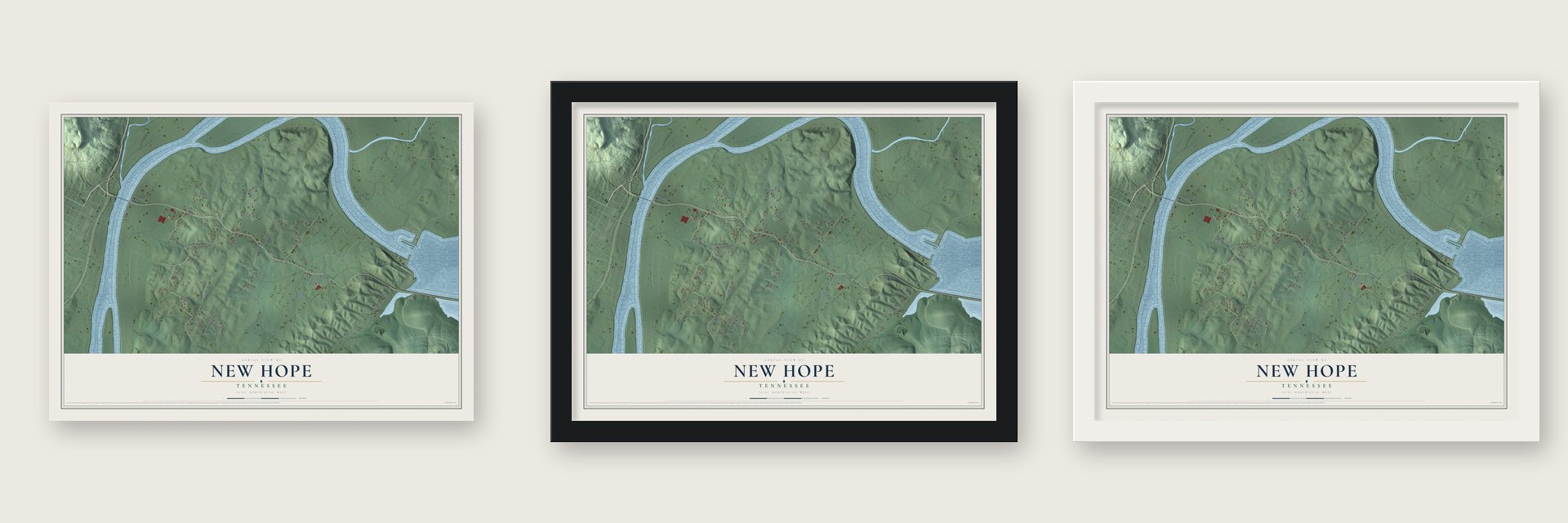 New Hope, Tennessee map unframed, in a black wood frame and in a white wood frame