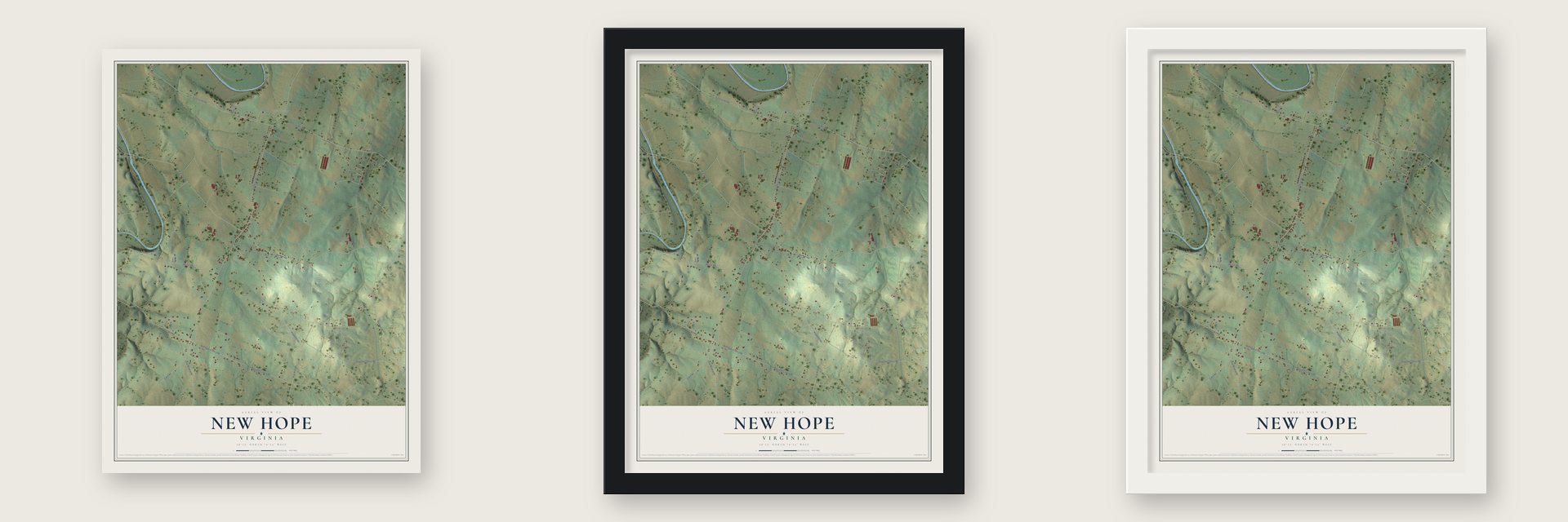 New Hope, Virginia map unframed, in a black wood frame and in a white wood frame