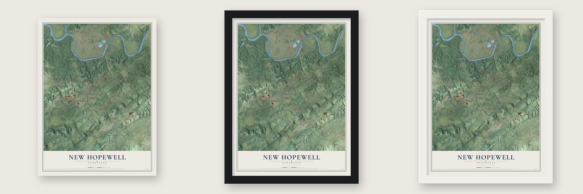 New Hopewell, Tennessee map unframed, in a black wood frame and in a white wood frame