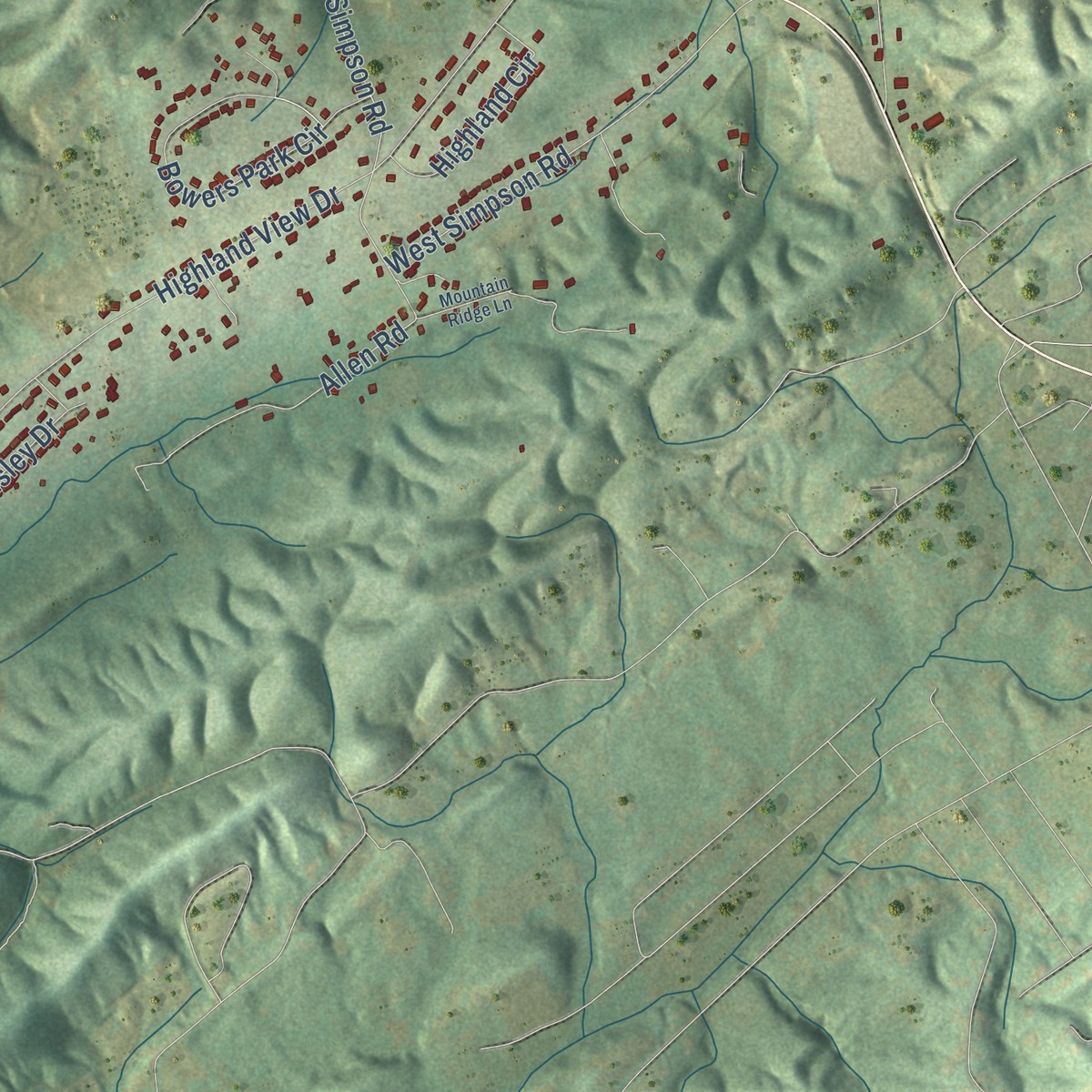 Second close-up of the map of New Hopewell, Tennessee print showing more streets and buildings