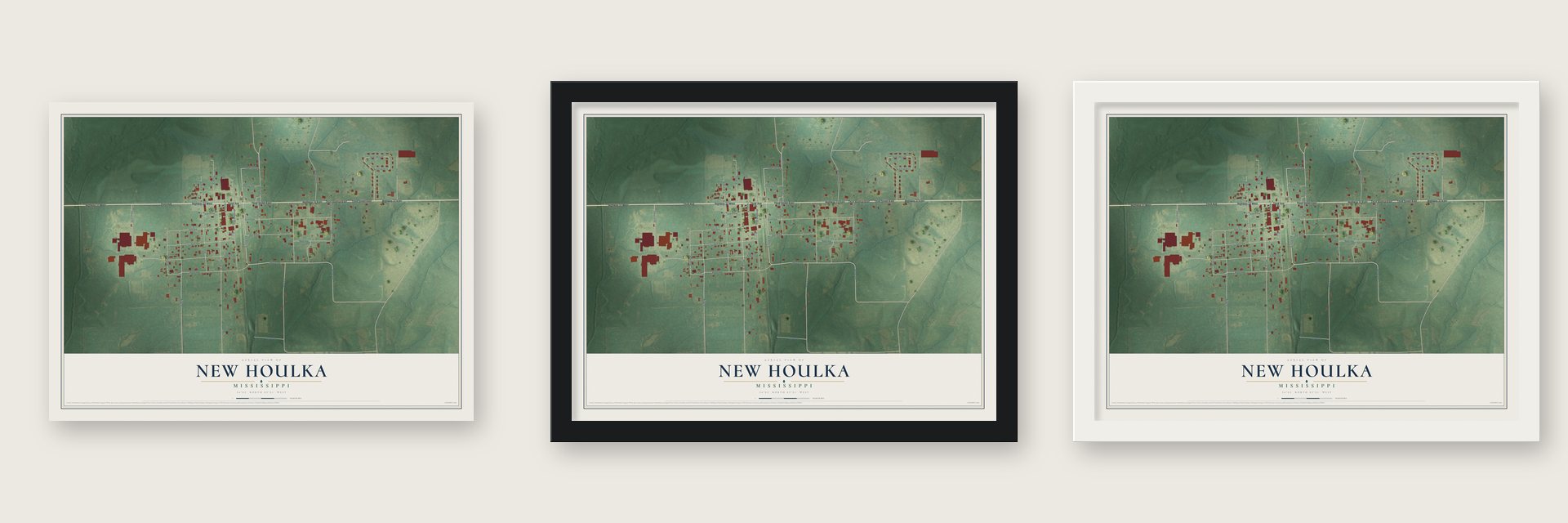 New Houlka, Mississippi map unframed, in a black wood frame and in a white wood frame