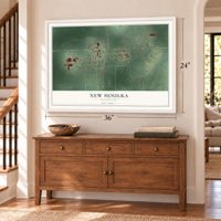 New Houlka, Mississippi map, 24 x 36 inch print in a white frame above a dresser by a staircase