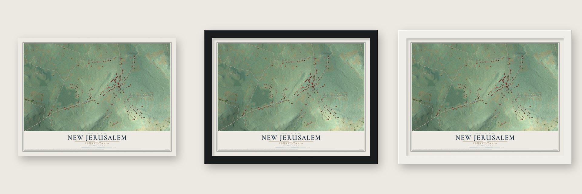 New Jerusalem, Pennsylvania map unframed, in a black wood frame and in a white wood frame