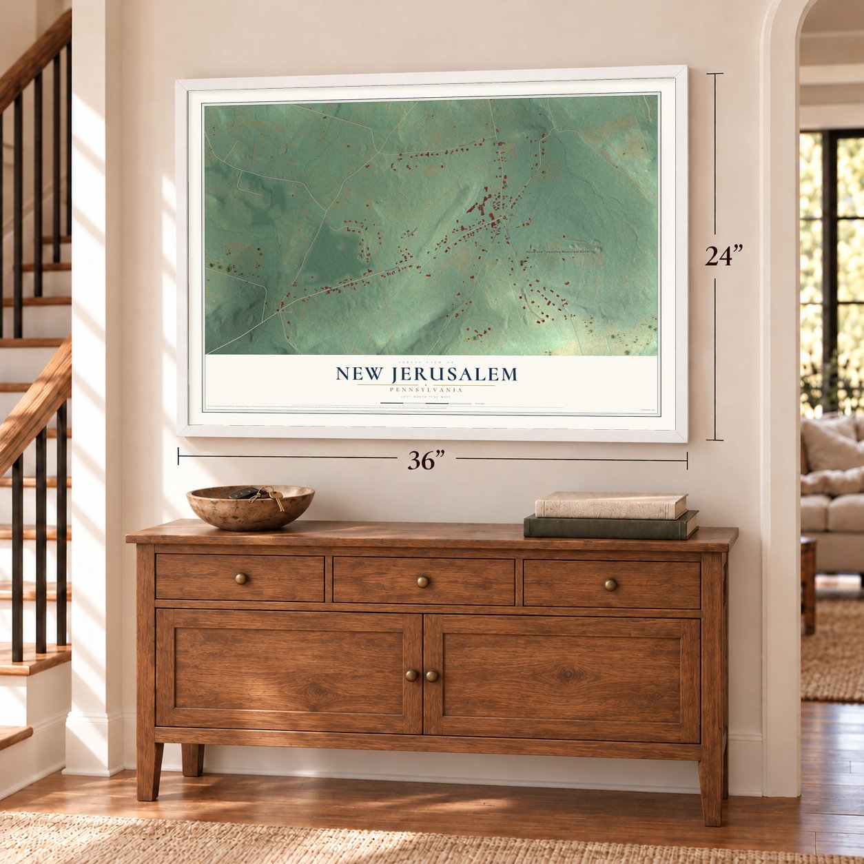 New Jerusalem, Pennsylvania map, 24 x 36 inch print in a white frame above a dresser by a staircase