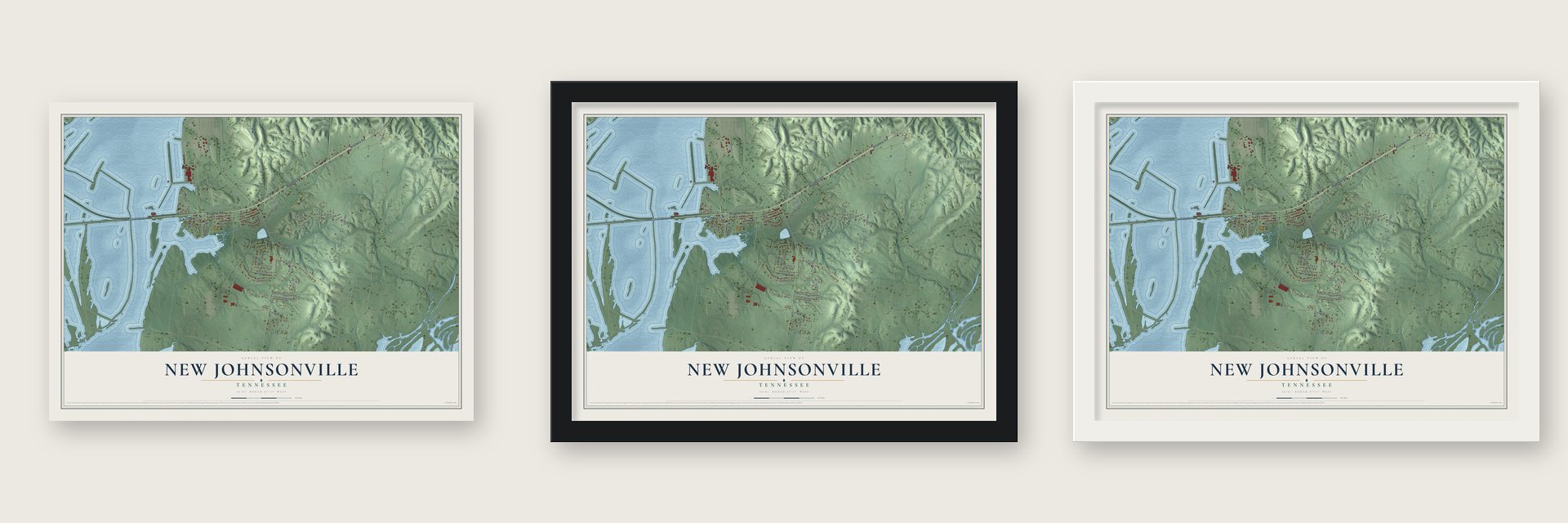 New Johnsonville, Tennessee map unframed, in a black wood frame and in a white wood frame