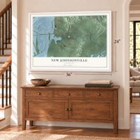 New Johnsonville, Tennessee map, 24 x 36 inch print in a white frame above a dresser by a staircase