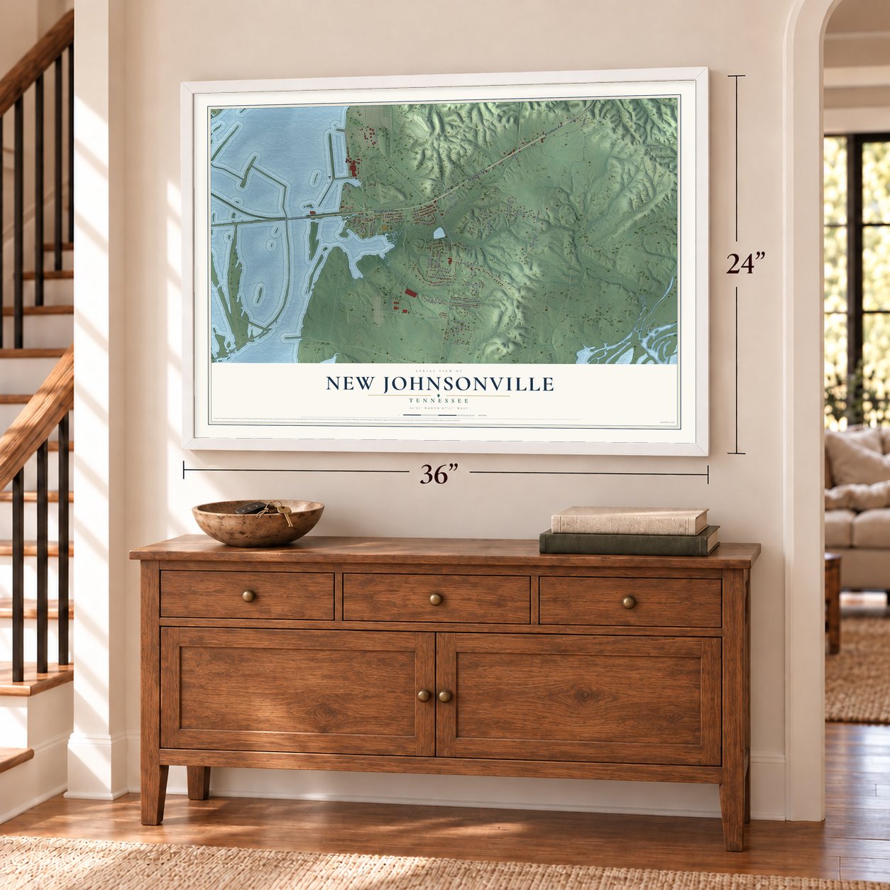 New Johnsonville, Tennessee map, 24 x 36 inch print in a white frame above a dresser by a staircase