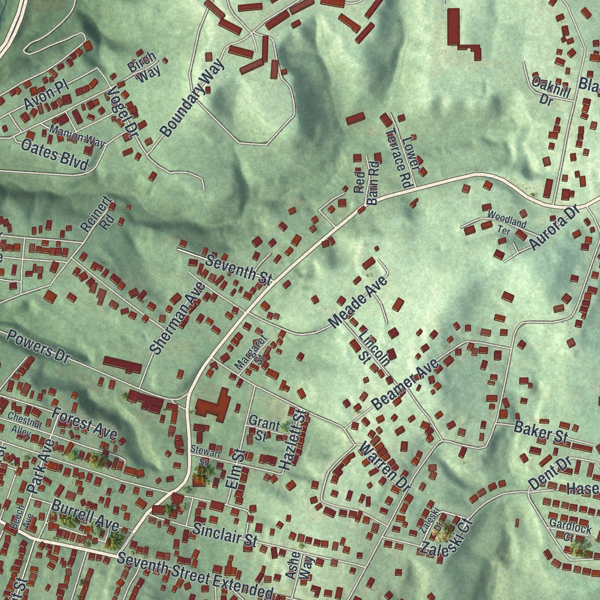 Second close-up of the map of New Kensington, Pennsylvania print showing more streets and buildings