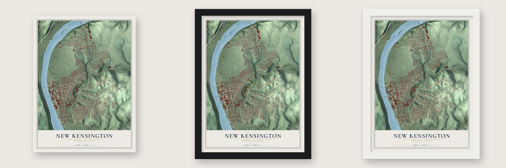 New Kensington, Pennsylvania map unframed, in a black wood frame and in a white wood frame