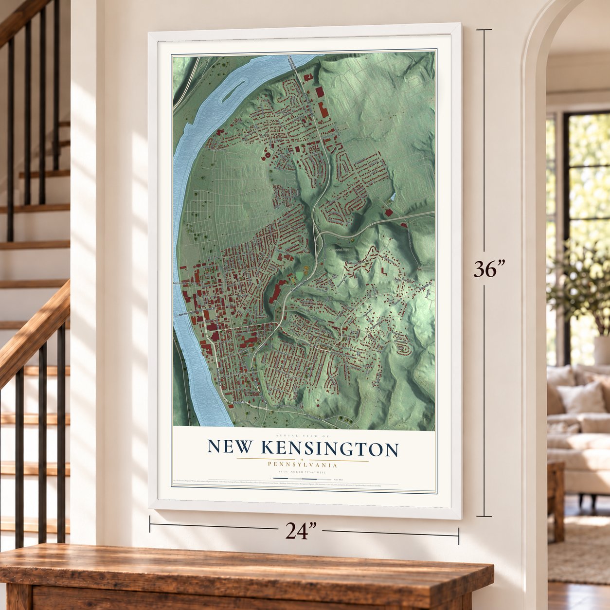 New Kensington, Pennsylvania map, 24 x 36 inch print in a white frame by a staircase