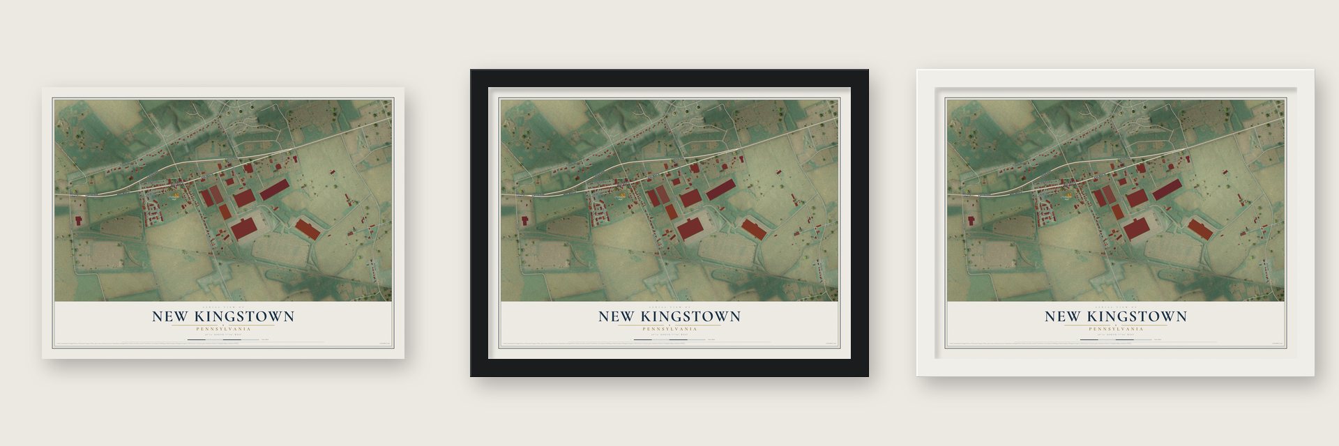 New Kingstown, Pennsylvania map unframed, in a black wood frame and in a white wood frame