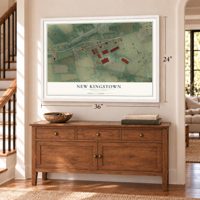 New Kingstown, Pennsylvania map, 24 x 36 inch print in a white frame above a dresser by a staircase