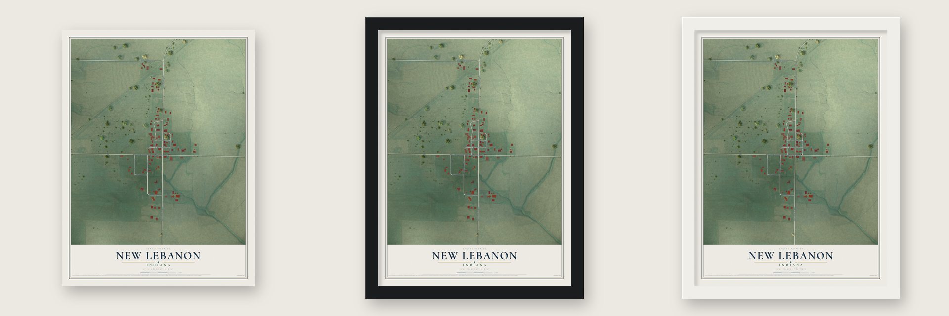 New Lebanon, Indiana map unframed, in a black wood frame and in a white wood frame