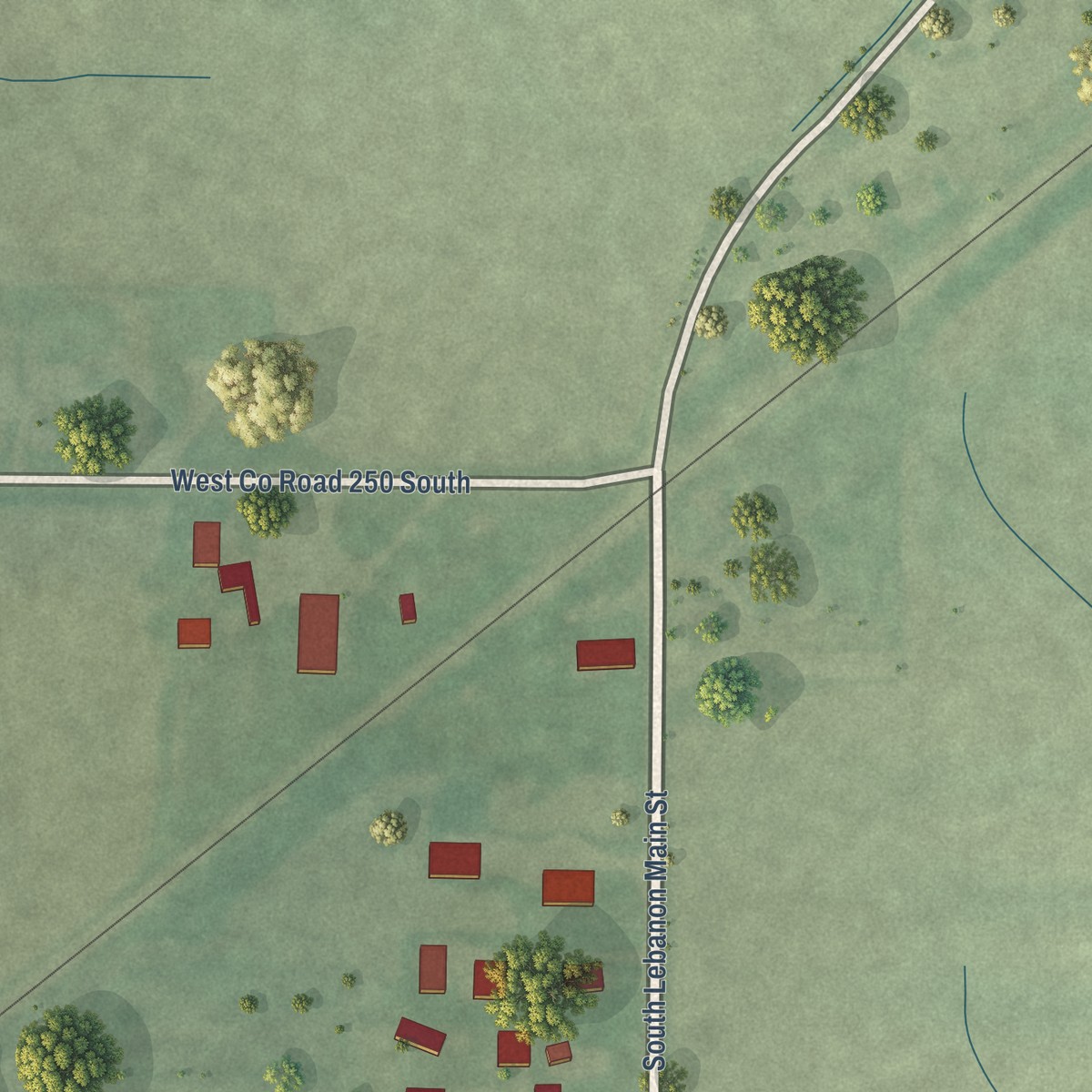 Second close-up of the map of New Lebanon, Indiana print showing more streets and buildings