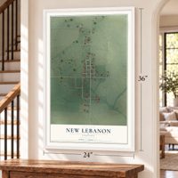 New Lebanon, Indiana map, 24 x 36 inch print in a white frame by a staircase