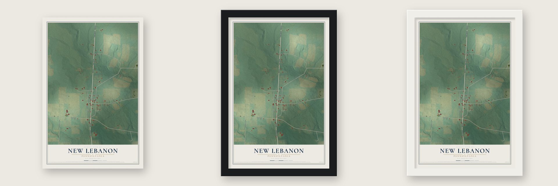 New Lebanon, Pennsylvania map unframed, in a black wood frame and in a white wood frame