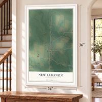 New Lebanon, Pennsylvania map, 24 x 36 inch print in a white frame by a staircase