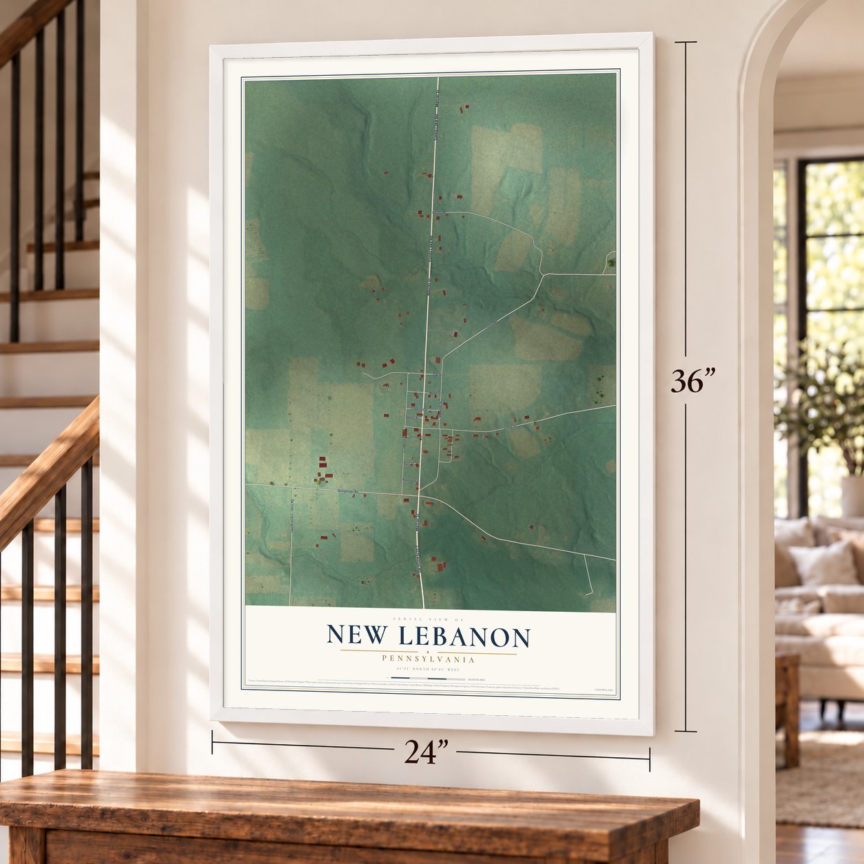 New Lebanon, Pennsylvania map, 24 x 36 inch print in a white frame by a staircase