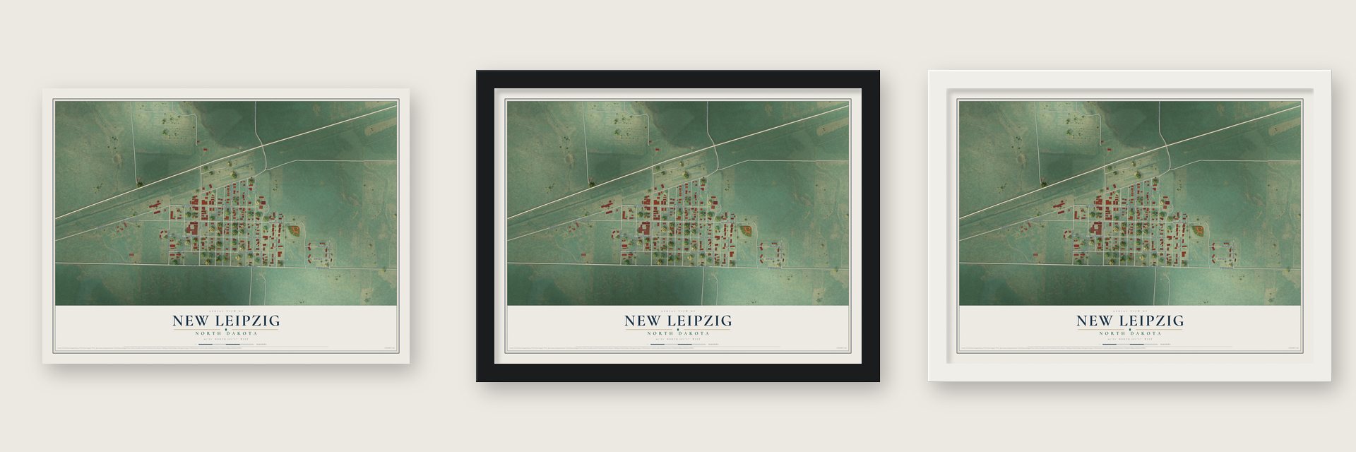 New Leipzig, North Dakota map unframed, in a black wood frame and in a white wood frame