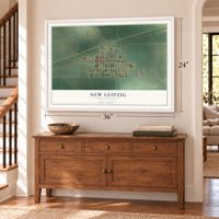 New Leipzig, North Dakota map, 24 x 36 inch print in a white frame above a dresser by a staircase