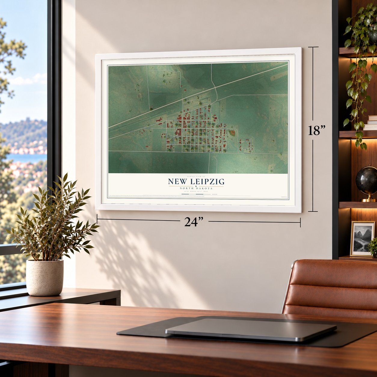 New Leipzig, North Dakota map, 18 x 24 inch print in a white frame in a home office