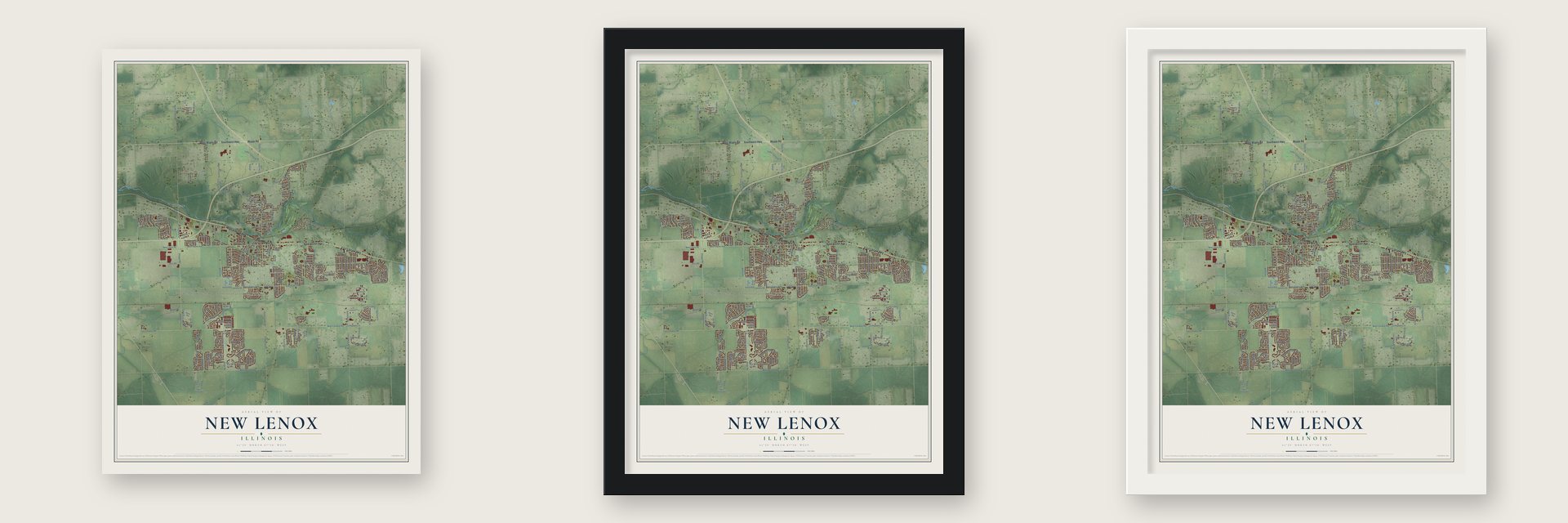 New Lenox, Illinois map unframed, in a black wood frame and in a white wood frame