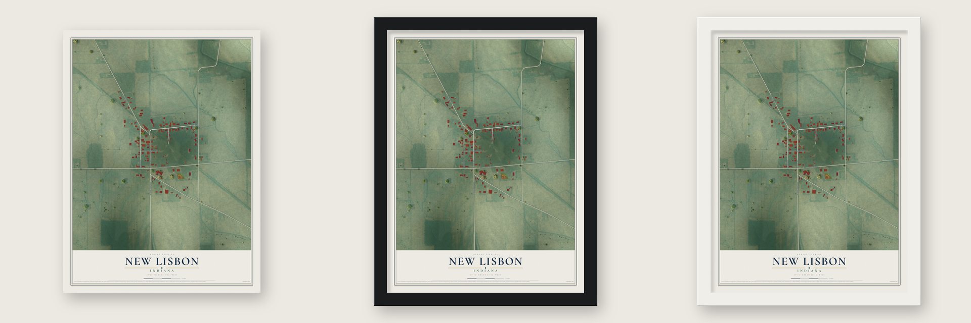New Lisbon, Indiana map unframed, in a black wood frame and in a white wood frame