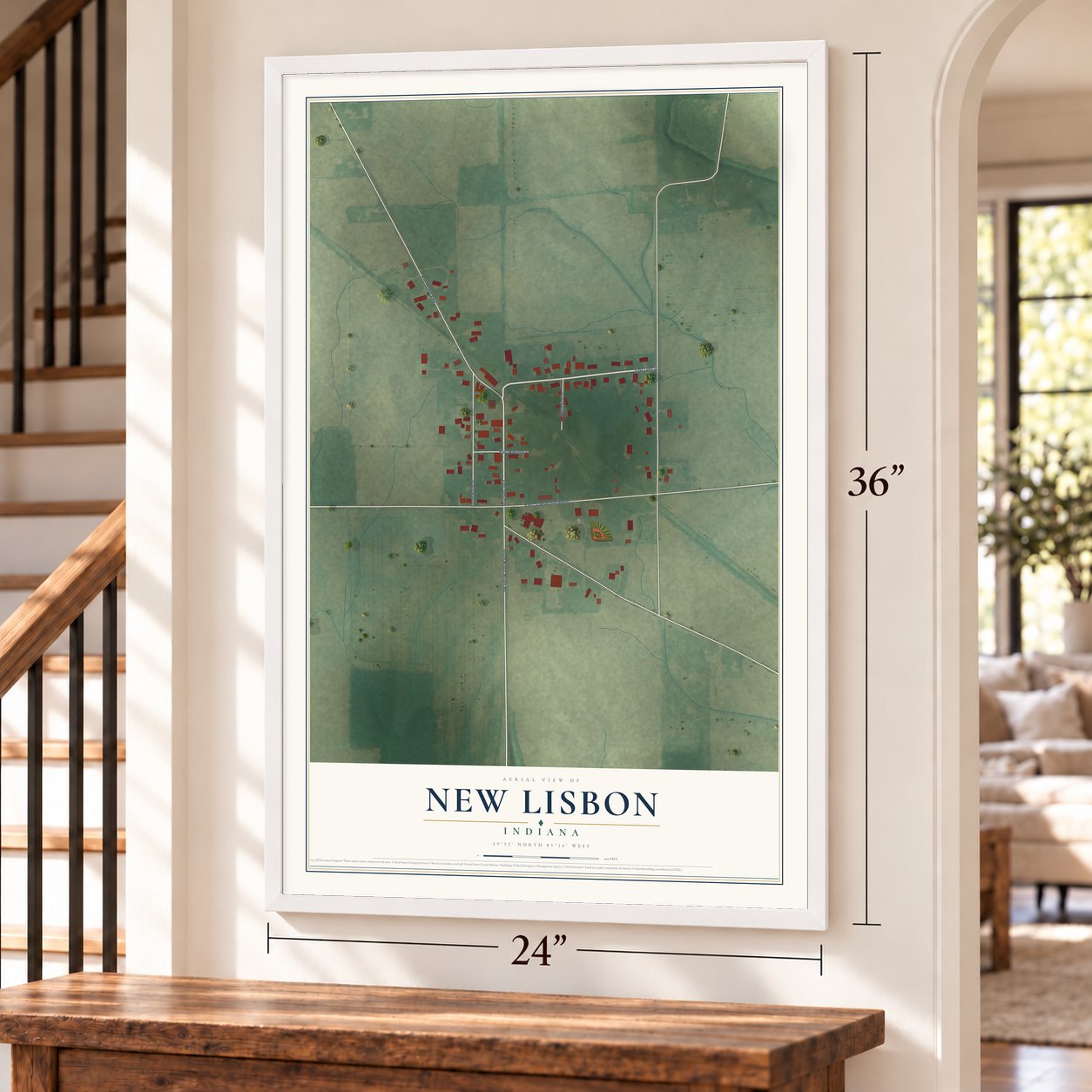 New Lisbon, Indiana map, 24 x 36 inch print in a white frame by a staircase
