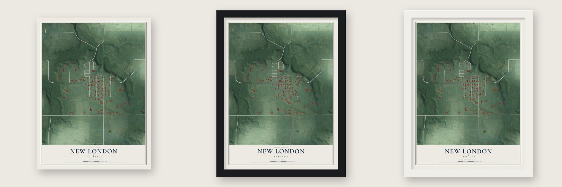 New London, Indiana map unframed, in a black wood frame and in a white wood frame
