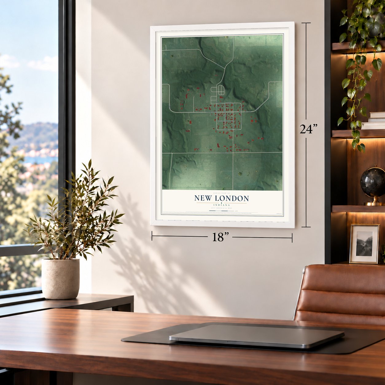 New London, Indiana map, 18 x 24 inch print in a white frame in a home office