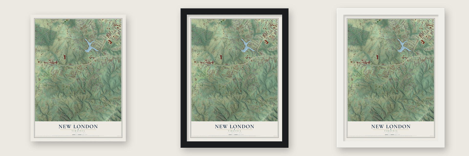 New London, Virginia map unframed, in a black wood frame and in a white wood frame