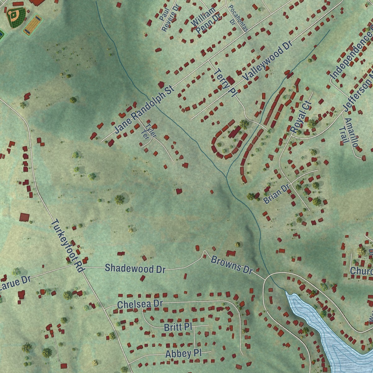 Second close-up of the map of New London, Virginia print showing more streets and buildings
