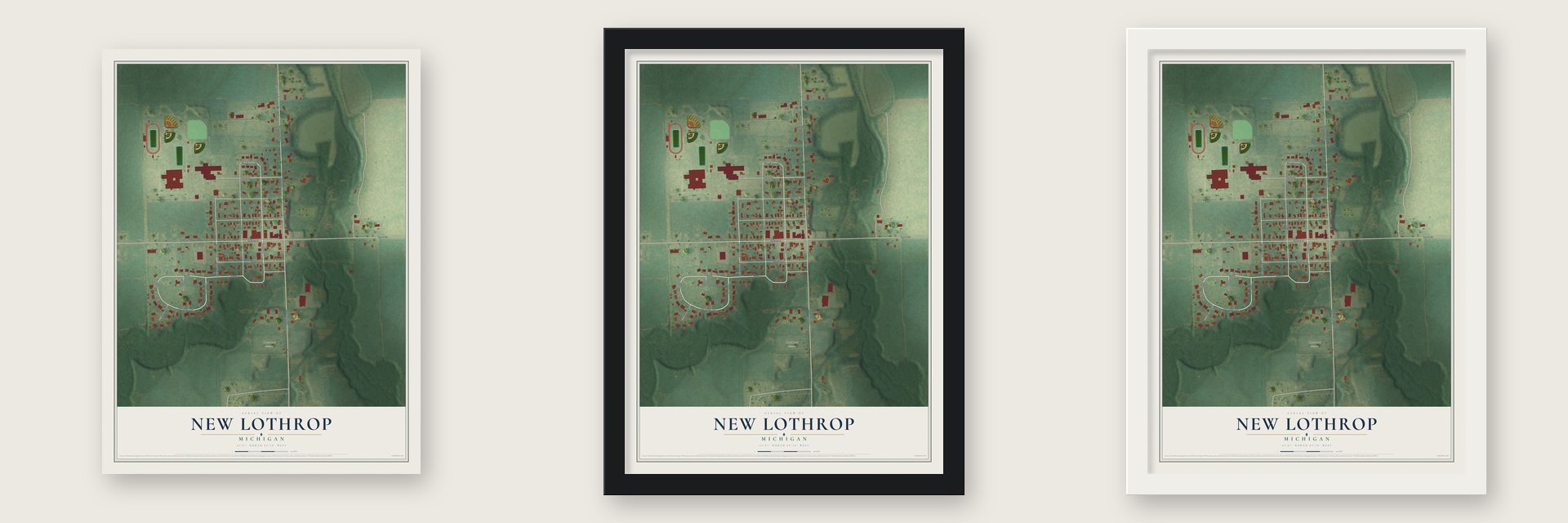 New Lothrop, Michigan map unframed, in a black wood frame and in a white wood frame