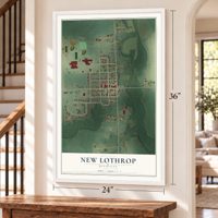 New Lothrop, Michigan map, 24 x 36 inch print in a white frame by a staircase