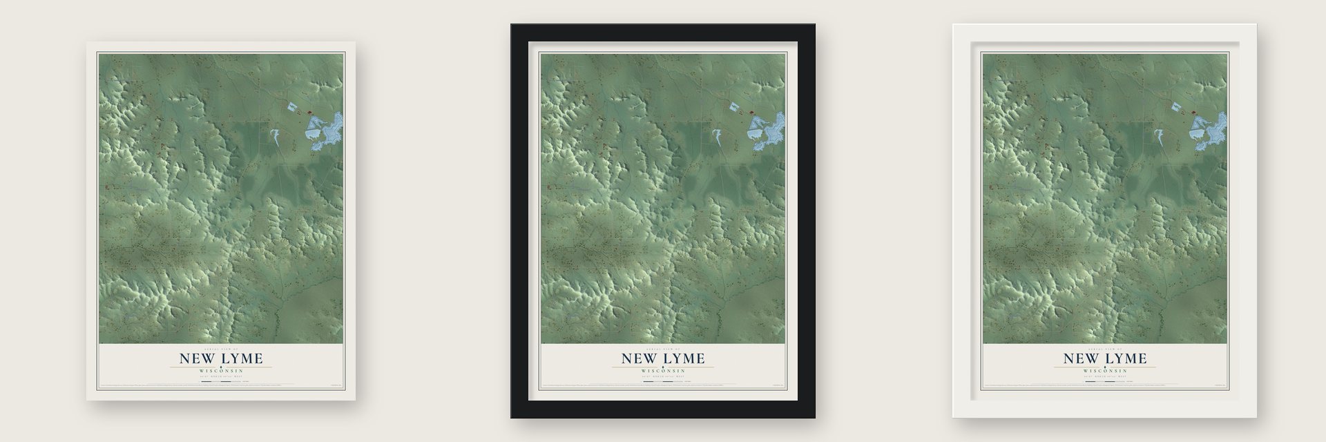 New Lyme, Wisconsin map unframed, in a black wood frame and in a white wood frame