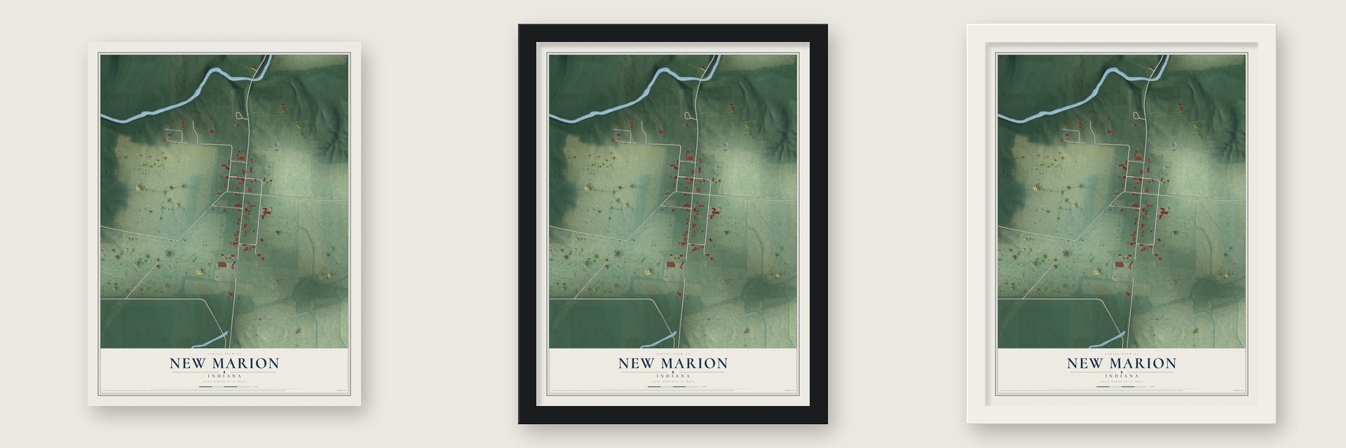 New Marion, Indiana map unframed, in a black wood frame and in a white wood frame