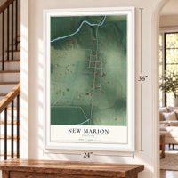 New Marion, Indiana map, 24 x 36 inch print in a white frame by a staircase