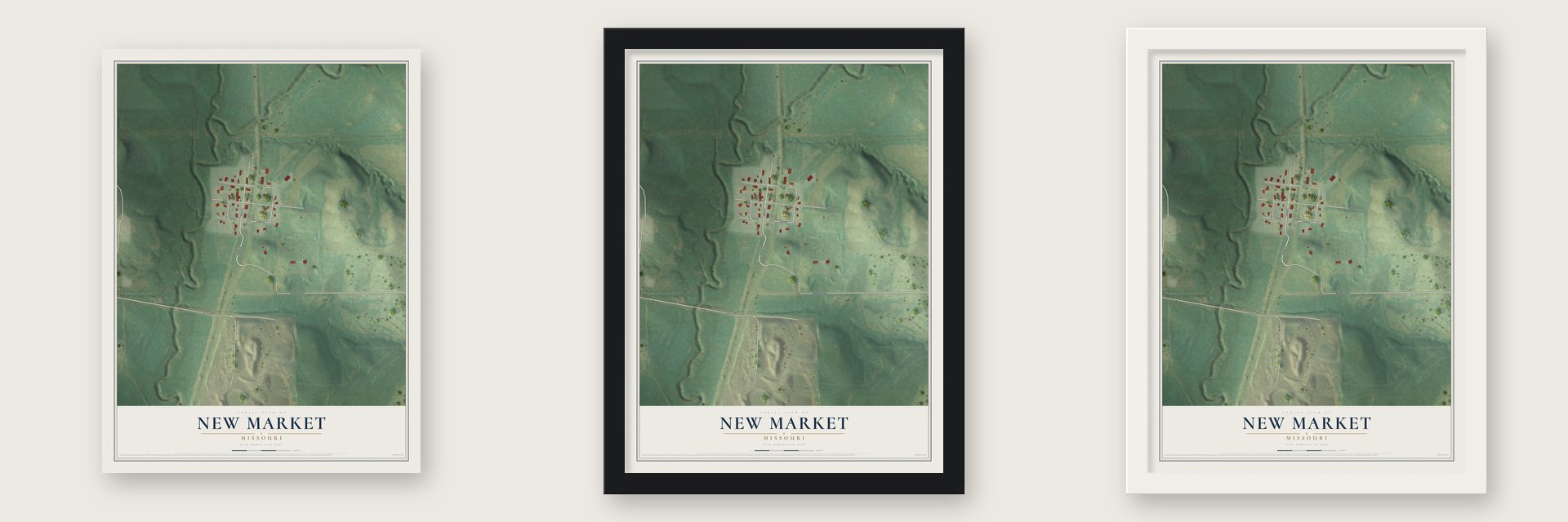 New Market, Missouri map unframed, in a black wood frame and in a white wood frame