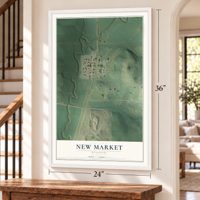 New Market, Missouri map, 24 x 36 inch print in a white frame by a staircase