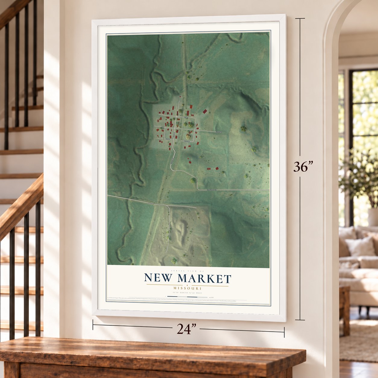 New Market, Missouri map, 24 x 36 inch print in a white frame by a staircase