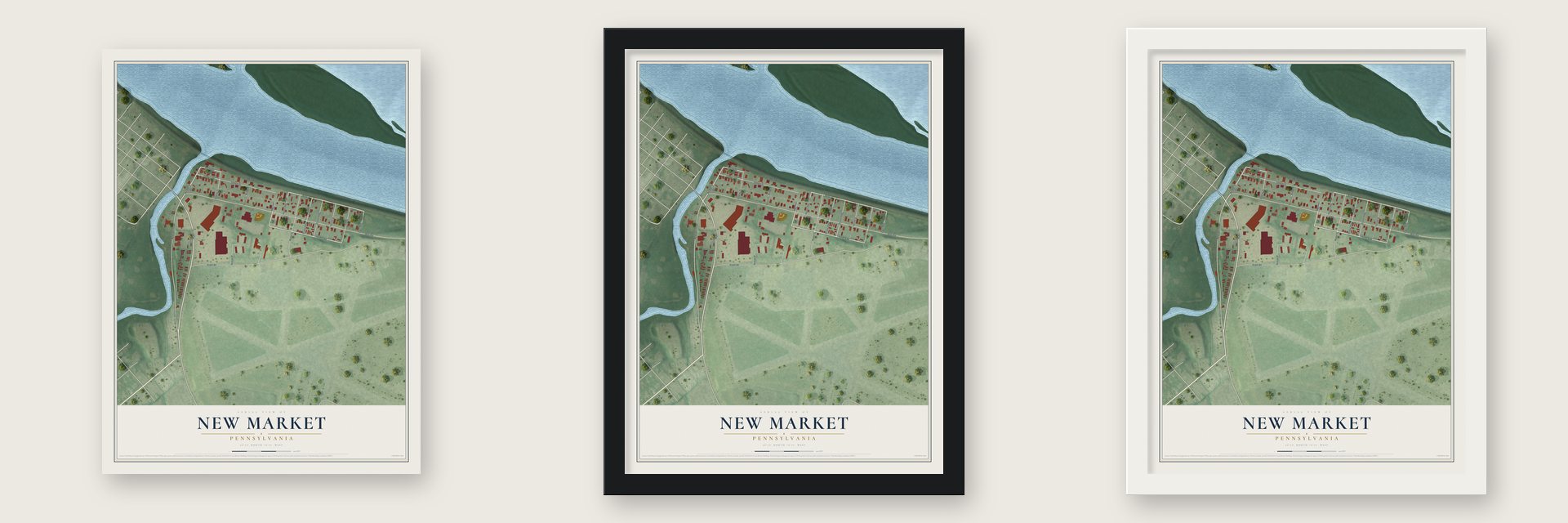 New Market, Pennsylvania map unframed, in a black wood frame and in a white wood frame