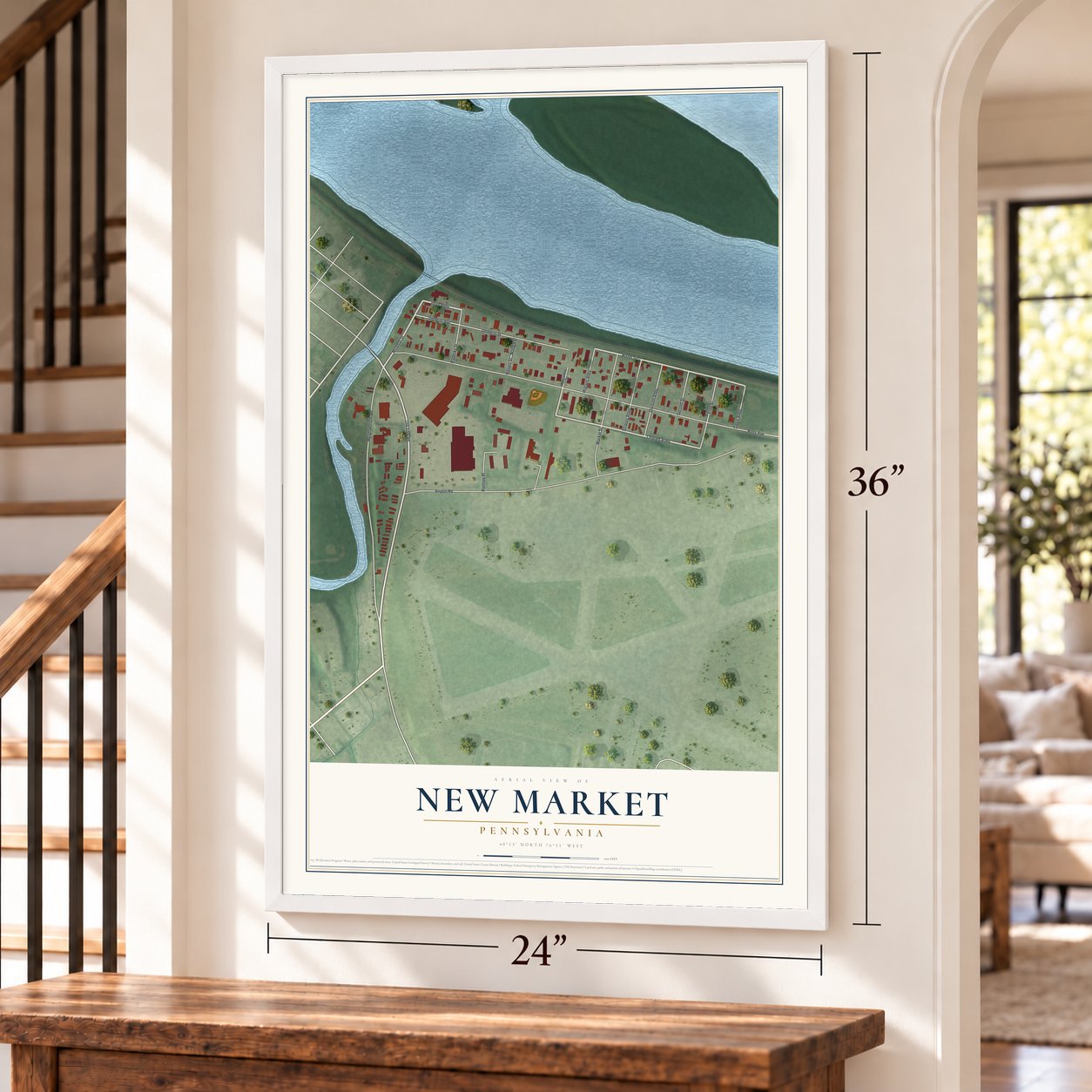 New Market, Pennsylvania map, 24 x 36 inch print in a white frame by a staircase