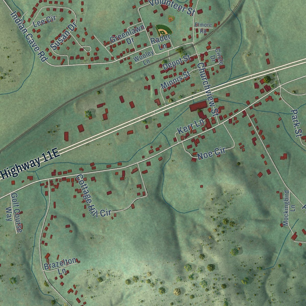Second close-up of the map of New Market, Tennessee print showing more streets and buildings