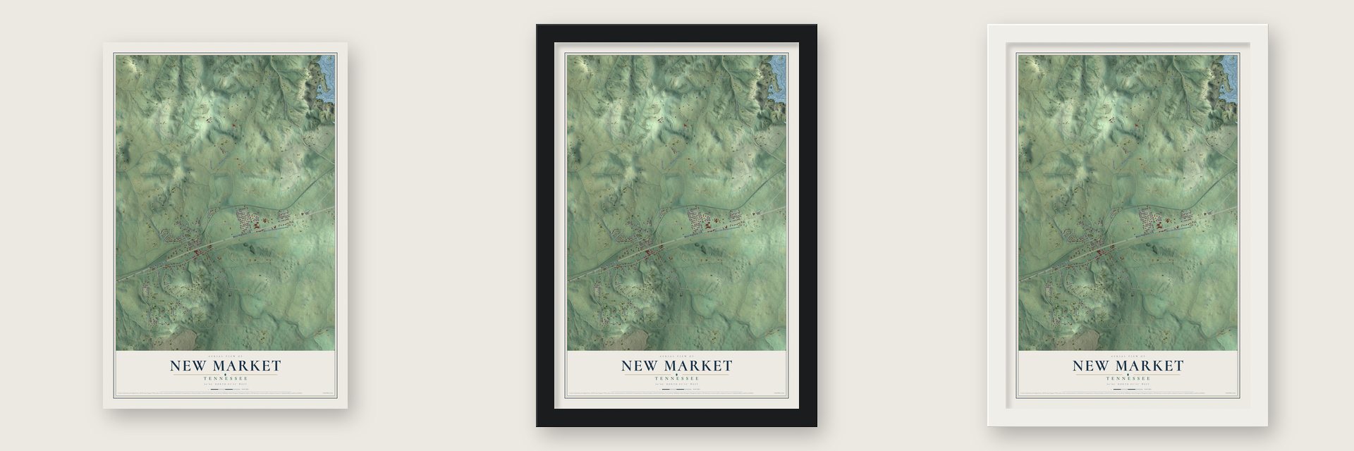 New Market, Tennessee map unframed, in a black wood frame and in a white wood frame