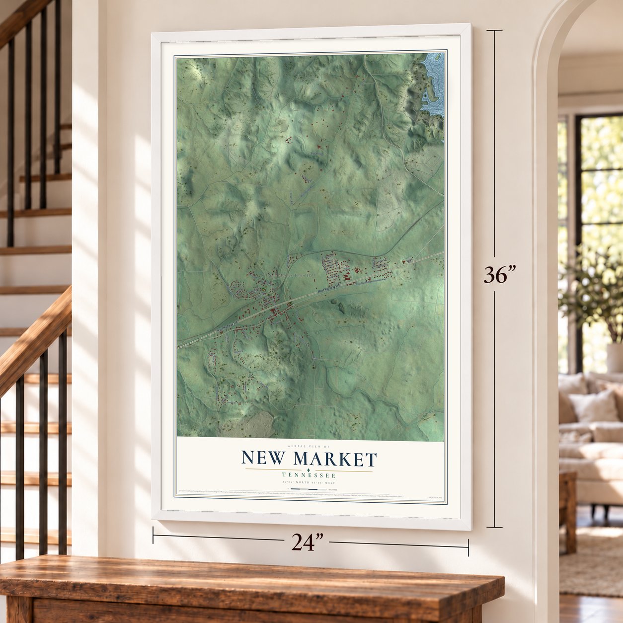 New Market, Tennessee map, 24 x 36 inch print in a white frame by a staircase