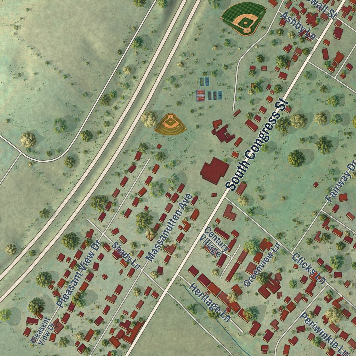 Second close-up of the map of New Market, Virginia print showing more streets and buildings