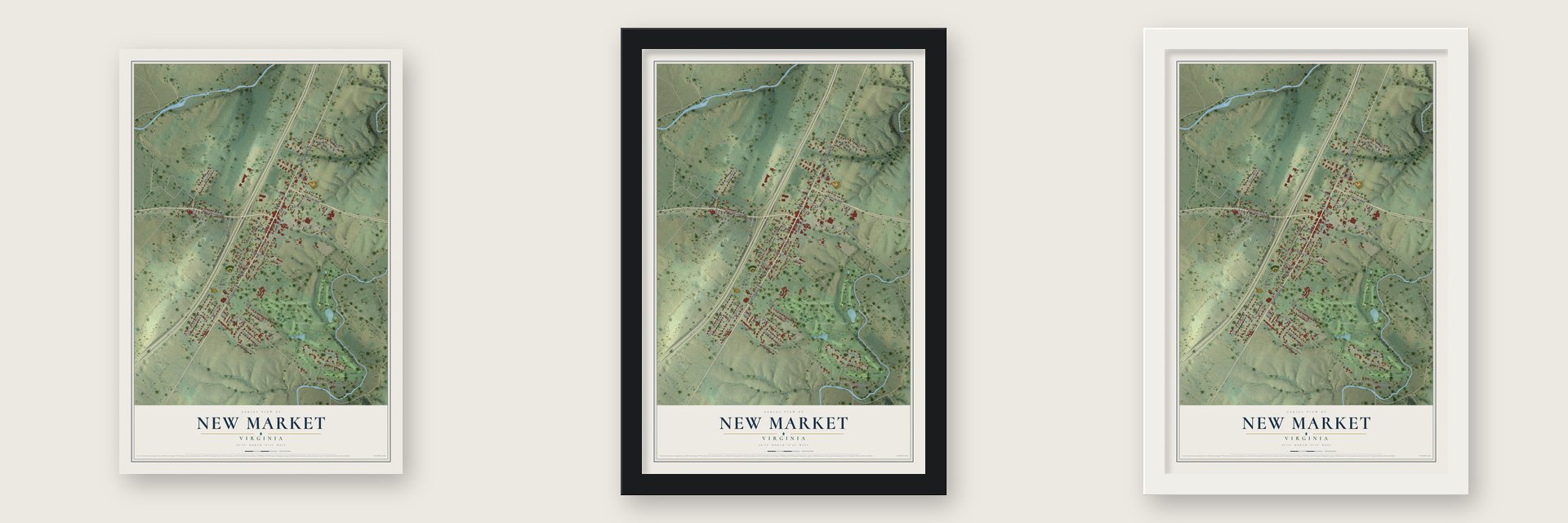 New Market, Virginia map unframed, in a black wood frame and in a white wood frame