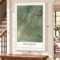 New Market, Virginia map, 24 x 36 inch print in a white frame by a staircase